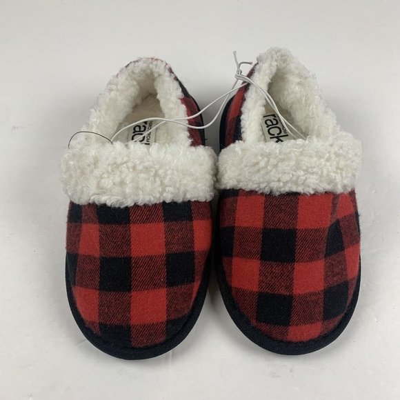 Nordstrom Rack Faux Shearling Slippers Kid's 11/12 Red Bloom Buffalo Plaid 8009 - Picture 3 of 10